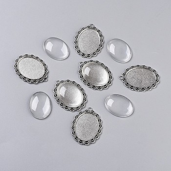 DIY Pendant Making, Tibetan Style Alloy Pendant Cabochon Settings and Glass Cabochons, Clear, Antique Silver, Tray: 40x30mm, 54x40x3mm, Hole: 4mm