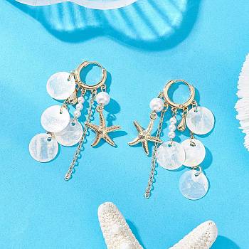 Shell Pearl Hoop Earrings, Starfish with Flat Round, with Brass Earring Findings, Golden, 56mm