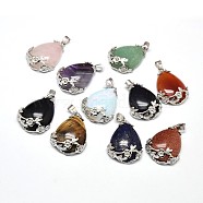 Teardrop with Flower Platinum Plated Brass Natural & Synthetic Mixed Stone Pendants, Cadmium Free & Lead Free, 38x27x9mm, Hole: 4x7.5mm(G-F228-37-RS)