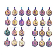 Ion Plating(IP) 304 Stainless Steel Pendants, Hexagon with Alphabet A~Z, Rainbow Color, 17x12x3mm, Hole: 6.5x3mm, about 26pcs/set(STAS-S119-008-02)