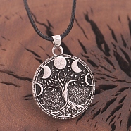 Retro Alloy Moon Phase Tree of Life Pendant Necklaces, Black PU Leather Cord Necklaces, Antique Silver, 21.65 inch(55cm)(PW-WG1A04B-01)