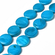 Spray Painted Natural Freshwater Shell Beads Strands, Flat Round, Dodger Blue, 12.5x3mm, Hole: 1mm, about 32pcs/strand, 15.63 inch(39.7cm)(SHEL-C003-05H)