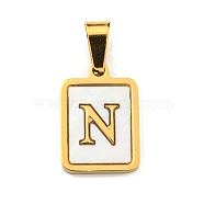 PVD Vacuum Plating 304 Stainless Steel Pave Natural White Shell Pendants, Rectangle with Letter Charms, Golden, Letter N, 17.5x12x1.5mm, Hole: 6x3mm(STAS-S130-03G-N)