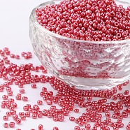 (Repacking Service Available) Glass Seed Beads, Opaque Colors Lustered, Round, Crimson, 8/0, 3mm, Hole: 1mm, about 12g/bag(SEED-C021-3mm-125B)