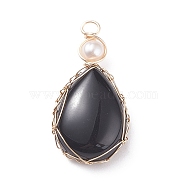Natural Obsidian Copper Wire Wrapped Pendants, with Grade A Natural Cultured Freshwater Pearl, Real 18K Gold Plated, Teardrop, 38~43x19~19.5x8~8.5mm, Hole: 3.5~3.8mm(PALLOY-JF01398-05)