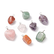 Natural Mixed Stone Pendants, with Platinum Tone Copper Wire Wrapped, Nuggets, 28~40x18~29x14~20mm, Hole: 4~5mm(PALLOY-JF01784)