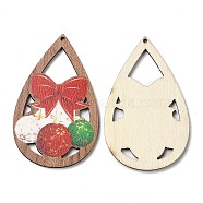 Single Face Printed Wood Big Pendants, Christmas Teardrop Charms with Bowknot, Red, 54x34x2.5mm, Hole: 1.8mm(WOOD-D025-10)