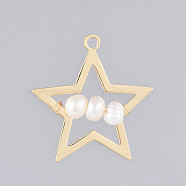 Natural Cultured Freshwater Pearl Pendants, with Alloy Findings, Star, Golden, 29x28x5mm, Hole: 2mm(X-PALLOY-JF00404)