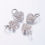 Long-Lasting Plated Brass Micro Pave Cubic Zirconia Charms, Heart, Real Platinum Plated, 9x8x3mm, Hole: 3mm(X-ZIRC-F069-41P)