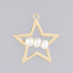 Natural Cultured Freshwater Pearl Pendants, with Alloy Findings, Star, Golden, 29x28x5mm, Hole: 2mm(X-PALLOY-JF00404)
