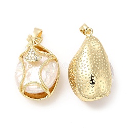 Brass Micro Pave Cubic Zirconia Pendants, with Pearl, Shell Shape Charm, Real 14K Gold Plated, 27x17x14mm, Hole: 7x3mm(KK-I697-40G)