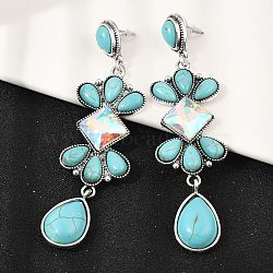 Alloy Synthetic Turquoise Dangle Stud Earrings, with Glass, Rhombus with Teardrop, Antique Silver, 92.5x24.5mm(EJEW-U053-05AS)