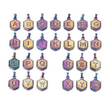 Ion Plating(IP) 304 Stainless Steel Pendants, Hexagon with Alphabet A~Z, Rainbow Color, 17x12x3mm, Hole: 6.5x3mm, about 26pcs/set