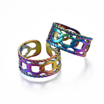 304 Stainless Steel Curb Chain Shape Cuff Ring, Rainbow Color Open Ring for Women, US Size 10 1/4(19.9mm)