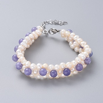 Natural Quartz(Dyed) Beads Bracelets, with Natural Pearl Beads, 304 Stainless Steel Lobster Claw Clasps and Kraft Paper Cardboard Jewelry Boxes, 7-1/2 inch(19cm)