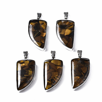 Natural Tiger Eye Pendants, with Transparent Resin and 201 Stainless Steel Findings, Knife, Stainless Steel Color, 26.5x14x6.5mm, Hole: 2x5.5mm