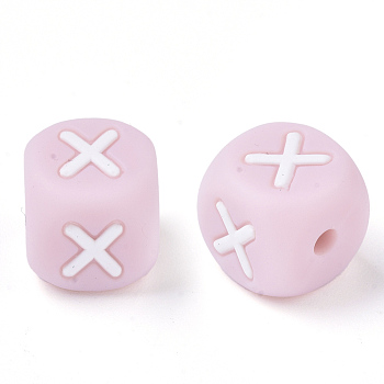 Food Grade Eco-Friendly Silicone Beads, Horizontal Hole, Chewing Beads For Teethers, DIY Nursing Necklaces Making, Letter Style, Cube, Pink, Letter.X, 10x10x10mm, Hole: 2mm
