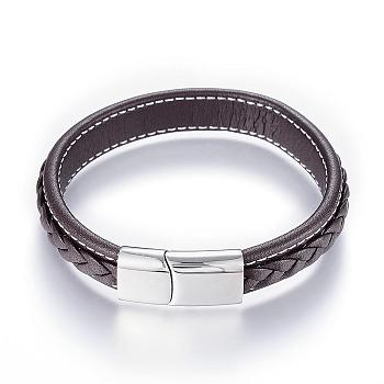 Leather Cord Bracelets, with 304 Stainless Steel Magnetic Clasps, Stainless Steel Color, 8-1/4 inch(215mm)x12mm