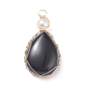 Natural Obsidian Copper Wire Wrapped Pendants, with Grade A Natural Cultured Freshwater Pearl, Real 18K Gold Plated, Teardrop, 38~43x19~19.5x8~8.5mm, Hole: 3.5~3.8mm