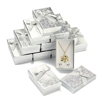 Rectangle Cardboard Jewelry Set Boxes, 2 Slots, with Bowknot Outside and Sponge Inside, for Rings and Earrings, Silver, 83x53x27mm