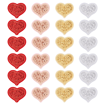 24Pcs 4 Colors Wool Felt Iron on/Sew on Clothing Patches, PVC Sequin Embroided Appliques, Heart, Mixed Color, 42.5x49x1.3mm, 6pcs/color
