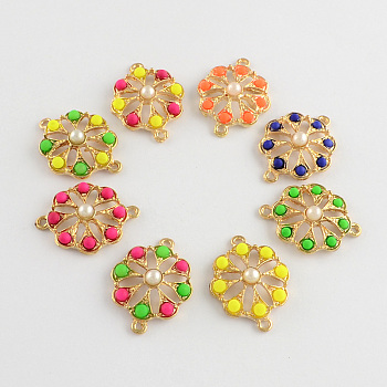 Hollow Flower Brass Links connectors, with ABS Plastic Imitation Pearl Beads, Mixed Color, 28x22x7mm, Hole: 2mm