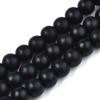 Painted Natural Wood Beads Strands, Round, Black, 10x8~9mm, Hole: 2~3mm, about 41~42pcs/strand, 13.98 inch~14.61 inch(35.5~37.1cm)