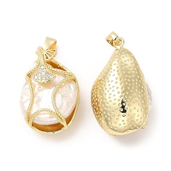 Brass Micro Pave Cubic Zirconia Pendants, with Pearl, Shell Shape Charm, Real 14K Gold Plated, 27x17x14mm, Hole: 7x3mm