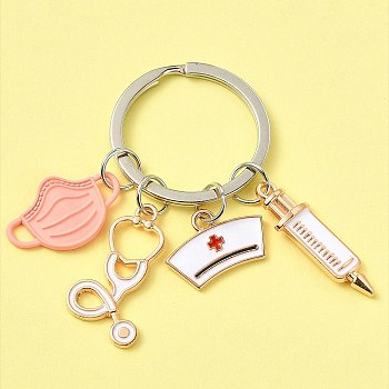 Mask & Nurse Cap & Injection Syringe & Stethoscope Enamel Pendant Keychain, Medical Theme Alloy Keychain, Pink, 6.2cm