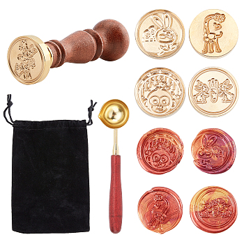 CRASPIRE DIY Stamp Making Kits, Including Brass Wax Seal Stamp Head, Brass Spoon, Pear Wood Handle, Rectangle Velvet Pouches, Golden, Brass Wax Seal Stamp Head: 4pcs