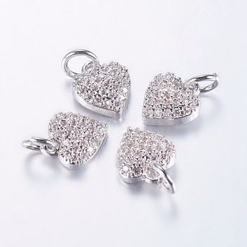 Long-Lasting Plated Brass Micro Pave Cubic Zirconia Charms, Heart, Real Platinum Plated, 9x8x3mm, Hole: 3mm