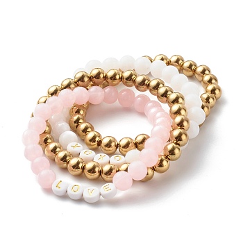 Round Imitation Gemstone & Plating Beads Stretch Bracelet Sets,  Word Love Acrylic & CCB Plastic Beads Bracelets for Valentine's Day, Mixed Color, Inner Diameter: 2-3/8 inch(6cm), 4Pcs/set