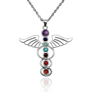 Chakra Natural & Synthetic Gemstone Necklaces, Alloy Angle Pendant Necklaces for Women, Platinum, 19.69 inch(50cm)