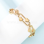 304 Stainless Steel Chain Bracelets, Oval with Heart, Golden, 6.10 inch(15.5cm)(BJEW-P379-01G)