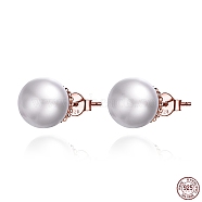 925 Sterling Silver Earrings, with Shell Pearl, Rose Gold, 10x11mm(HJEW-FF0012-29)
