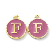 Golden Plated Alloy Enamel Charms, Cadmium Free & Lead Free, Enamelled Sequins, Flamingo, Flat Round with Letter, Letter.F, 14x12x2mm, Hole: 1.4mm(ENAM-XCP0001-13F)