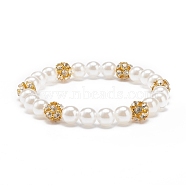 ABS Plastic Pearl & Brass Round Beaded Stretch Bracelet with Clear Rhinestone for Women, Golden, Inner Diameter: 2-1/8 inch(5.5cm)(BJEW-JB08523-01)