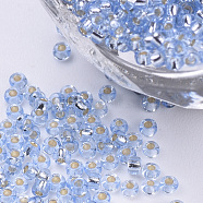 Silver Lined Glass Seed Beads, Round, Azure, 1.5~2x1mm, Hole: 0.6mm, about 120000pcs/bag, about 450g/bag(SEED-Q025-1.5mm-C07)