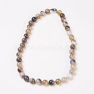 Natural Dyed Agate Beads Necklaces, with Brass Lobster Claw Clasps, Round, Gray, Beads: 10mm, 18.9 inch(48cm)(NJEW-F139-10mm-15)