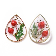 Transparent Clear Epoxy Resin Pendants, with Edge Golden Plated Brass Loops, Teardrop Charms with Inner Flower, Crimson, 35x25.5x7mm, Hole: 1.4mm(RESI-L036-03G)