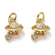 Brass Micro Pave Cubic Zirconia Charms, with Jump Rings, Long-Lasting Plated, Planet, Real 18K Gold Plated, 11.5x8.5x5mm, Hole: 3mm(X-ZIRC-H119-10G)