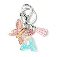 Resin & Acrylic Keychains, with Alloy Split Key Rings and Faux Suede Tassel Pendants, Letter & Butterfly, Random Gradient Color, Letter A, 8.6cm(KEYC-YW00002-01)