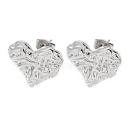 304 Stainless Steel Stud Earrings, Textured Heart, Stainless Steel Color, 16.5x18mm(EJEW-R157-02P)