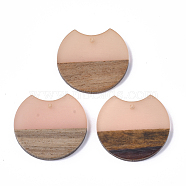 Resin & Walnut Wood Pendants, Gap Flat Round, Pink, 23x24.5x3.5mm, Hole: 2mm(RESI-T023-A-11E)