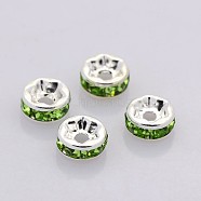 Brass Rhinestone Spacer Beads, Grade A, Straight Flange, Silver Color Plated, Rondelle, Peridot, 8x3.8mm Hole: 1.5mm(RB-A014-Z8mm-07S)