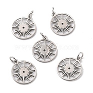 201 Stainless Steel Pendants, with Jump Ring, Flat Round with Sun, Stainless Steel Color, 17.5x15x1mm, Hole: 3mm, Jump Ring: 5x1mm(STAS-G253-02P)