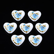 Flower Printed Opaque Acrylic Heart Beads, White, 16x19x8mm, Hole: 2mm(SACR-S305-28-F02)