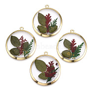 Alloy Epoxy Resin Pendants, with Handmade Dried Flower Inside, Flat Round Charms, Green, 38x34x3mm, Hole: 2mm(PALLOY-TAC0044-85)