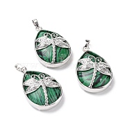 Synthetic Malachite Pendants, with Platinum Tone Brass Findings, Lead Free & Cadmium Free, Teardrop with Dragonfly Charms, 40~40.5x26~26.5x9~9.5mm, Hole: 5x7mm(G-G900-01P-08)