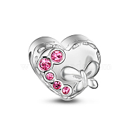 TINYSAND Heart Rhodium Plated 925 Sterling Silver Cubic Zirconia European Large Hole Beads, Platinum, 9.01x9.58x10.83mm, Hole: 4.6mm(TS-C-099)